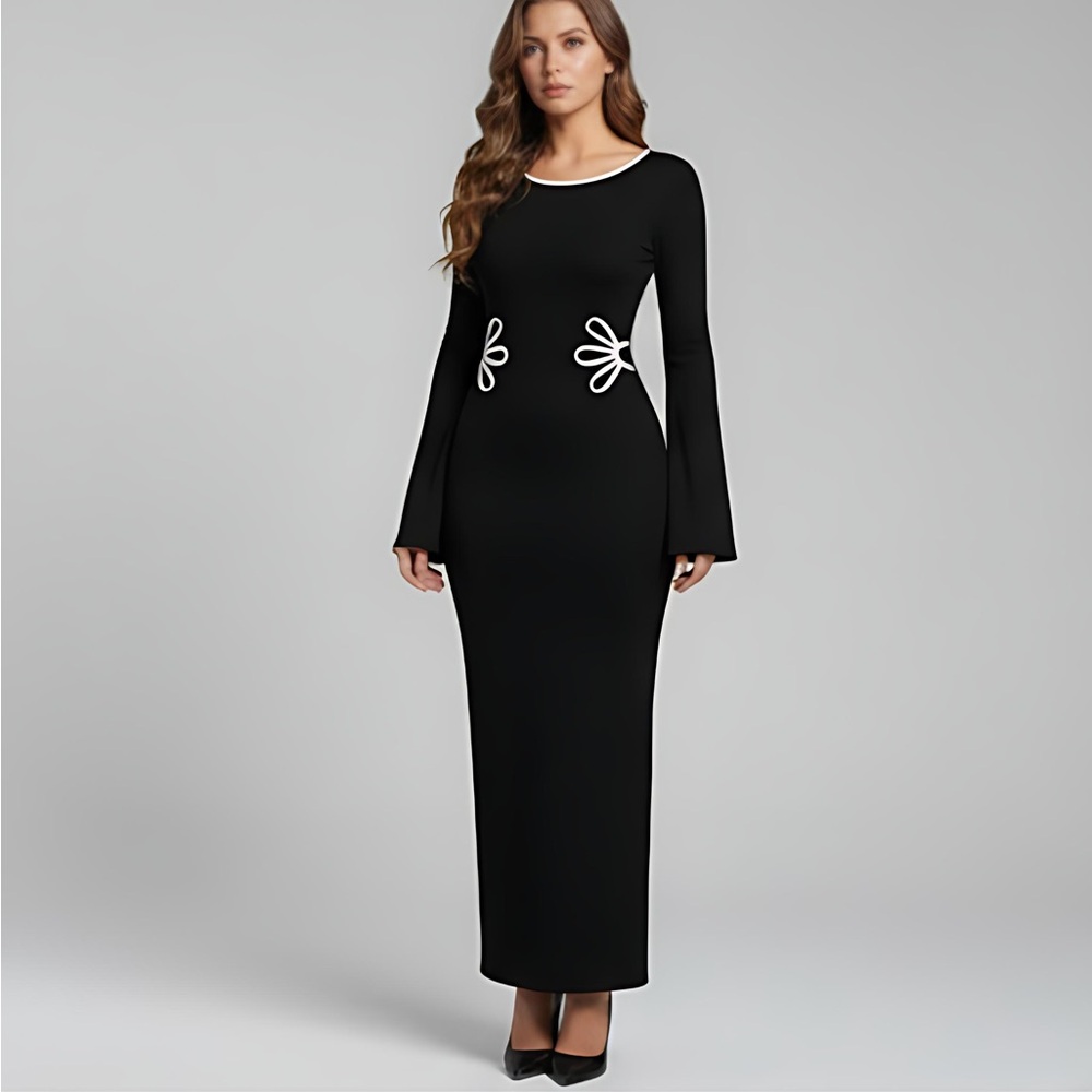 Floral Contrast Flare Sleeve Maxi Dress Black